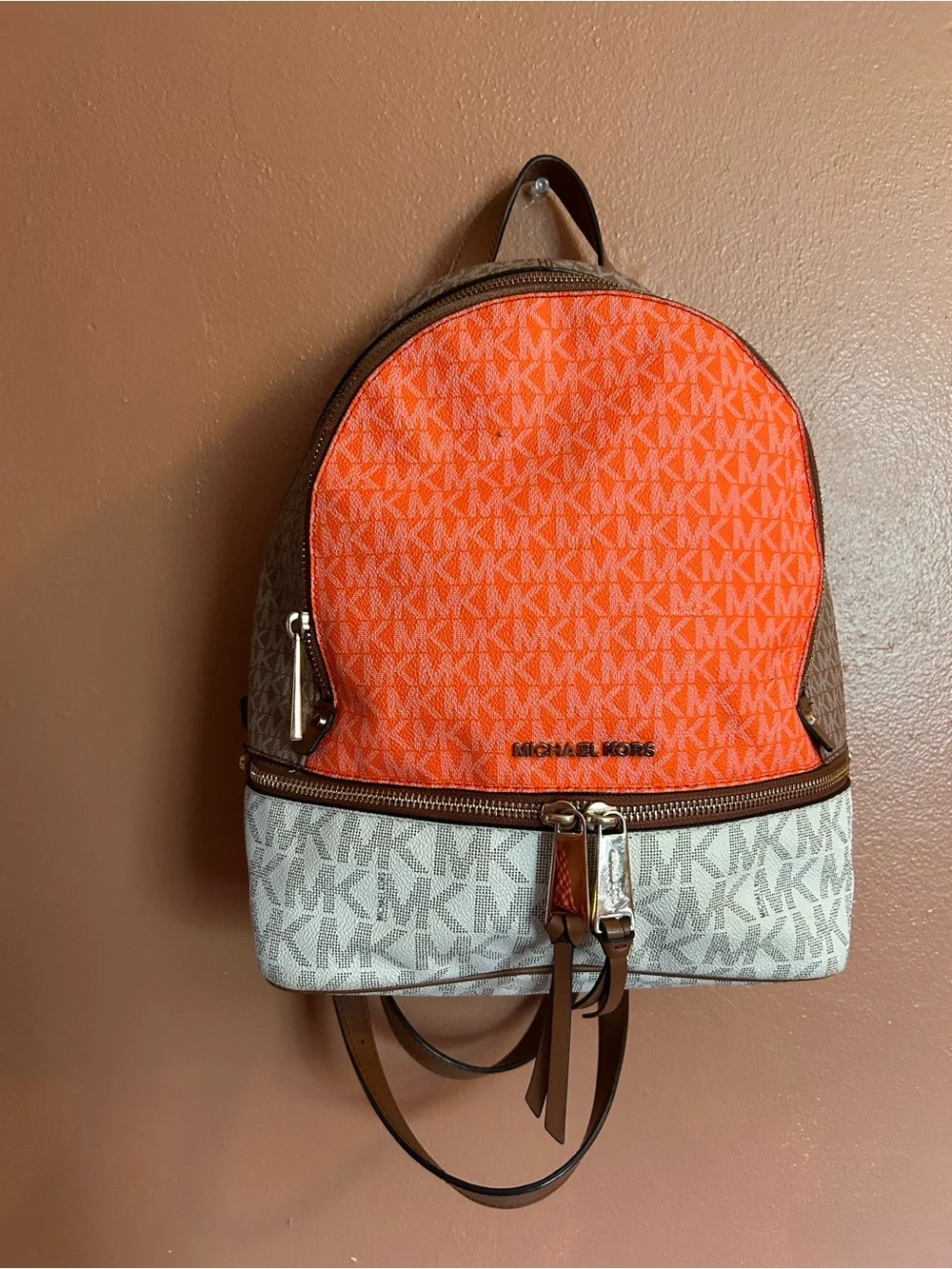 Michael Kors Orange, White & Brown Logo Backpack
